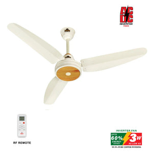 Ceiling fan with wooden center and remote control on a white background, featuring AC/DC Inverter Fans brand.
