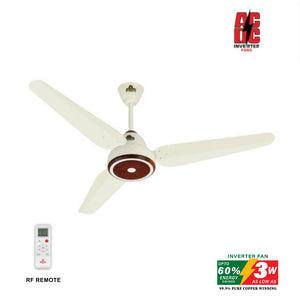 Ceiling fan with remote control and AC/DC Inverter Fan logo on a white background