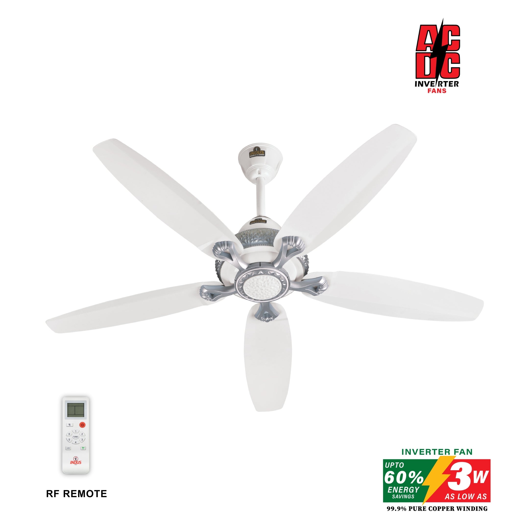 Ceiling fan with remote control on a white background, featuring AC/DC Inverter Fans branding.