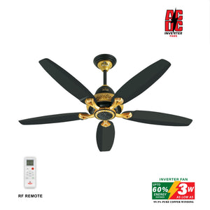 Ceiling fan with black blades and gold center, featuring an AC DC Inverter Fans logo.