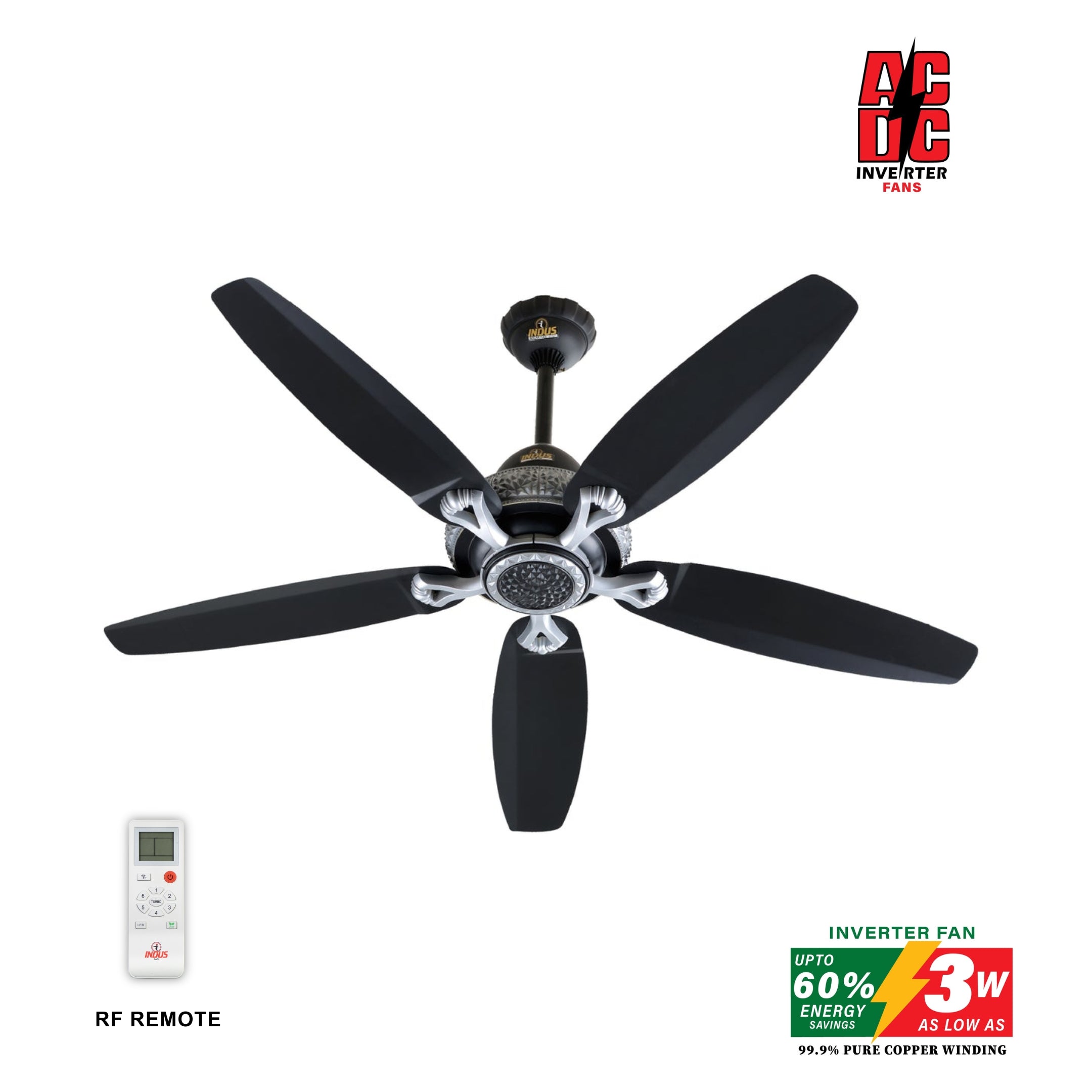 Ceiling fan with remote control and energy efficiency rating on a white background