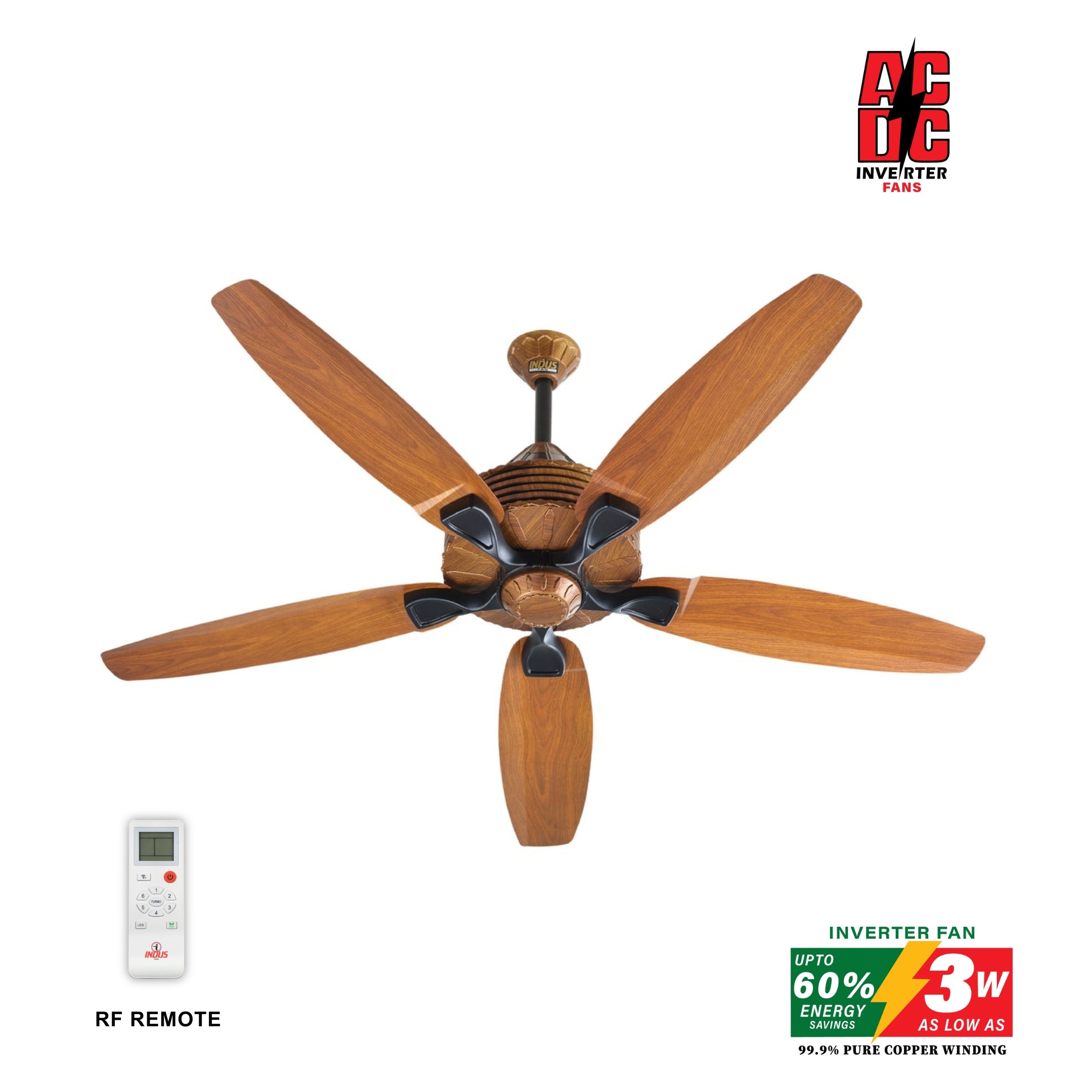 Ceiling fan with wooden blades and remote control on a white background, featuring AC DC Inverter Fans brand.