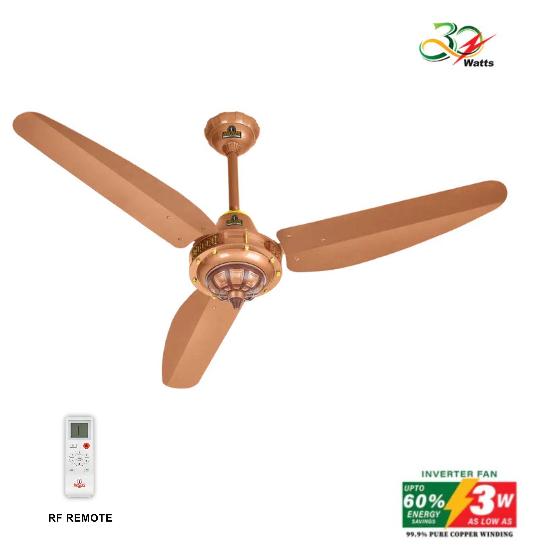 Ceiling fan with remote control and energy efficiency rating on a white background