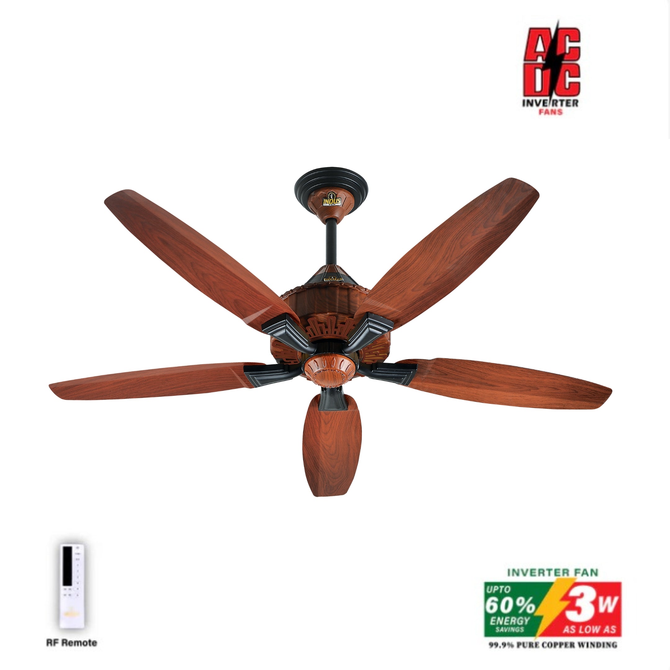 Wooden ceiling fan with remote control and AC/DC Inverter Fan branding on a white background.