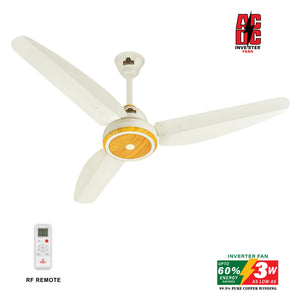 Ceiling fan with remote control and energy efficiency label on a white background