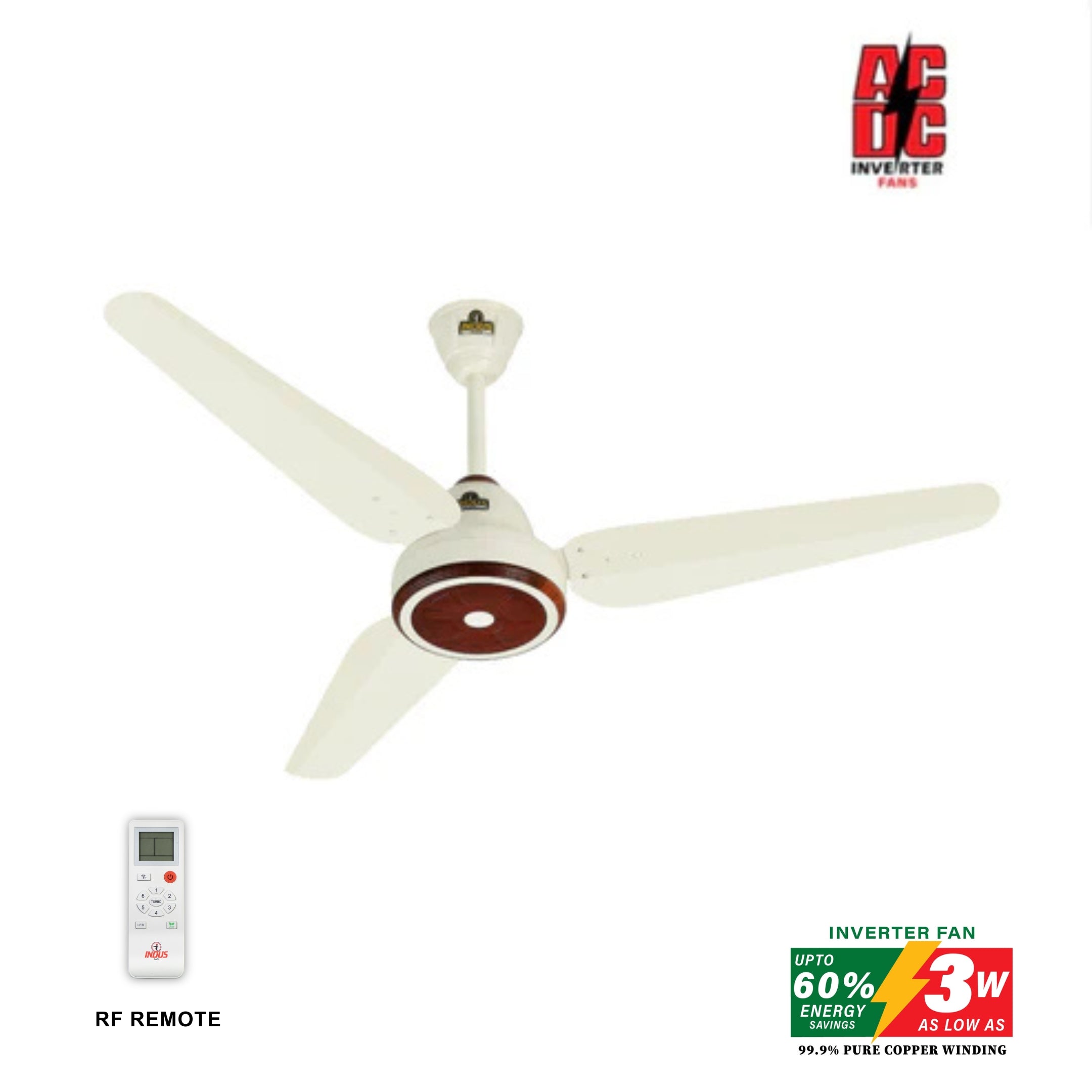 Ceiling fan with remote control and AC/DC Inverter Fan logo on a white background