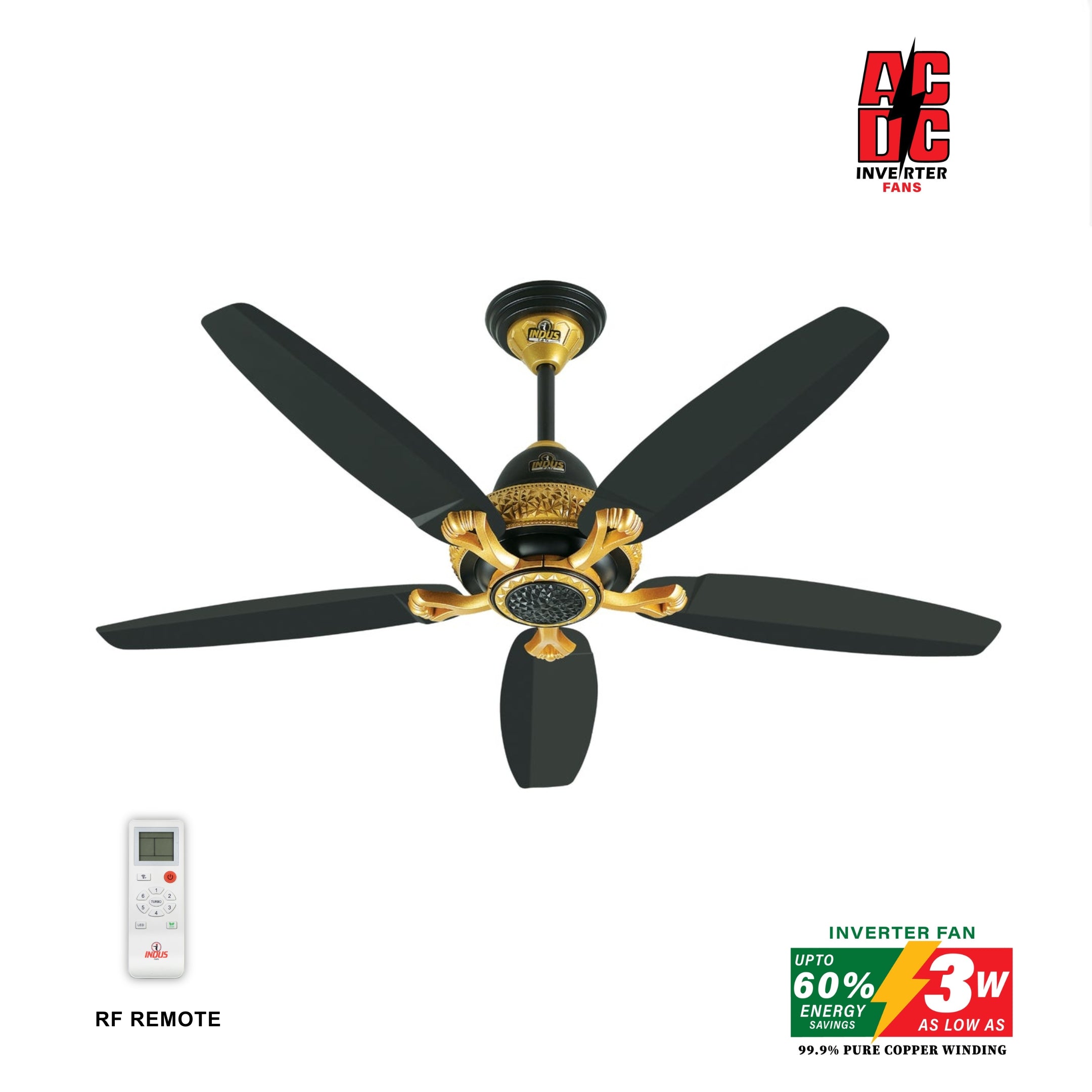 Ceiling fan with black blades and gold center, featuring an AC DC Inverter Fans logo.