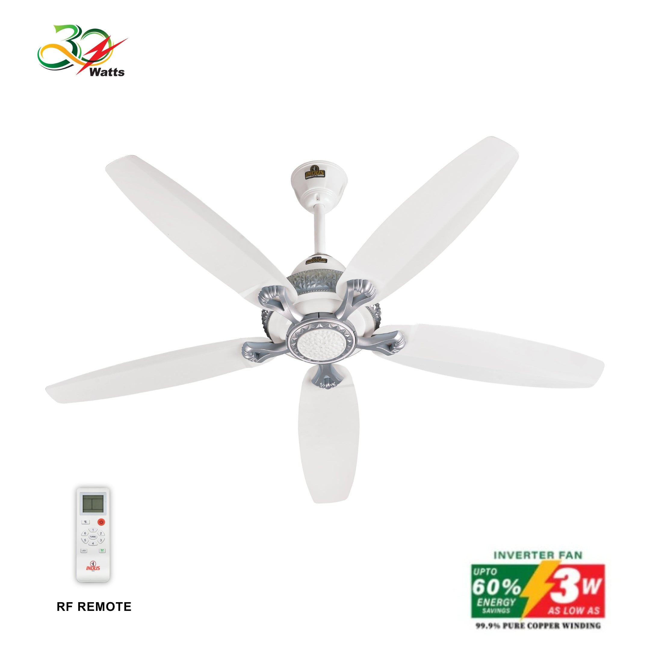 Ceiling fan with remote control and energy efficiency rating on a white background