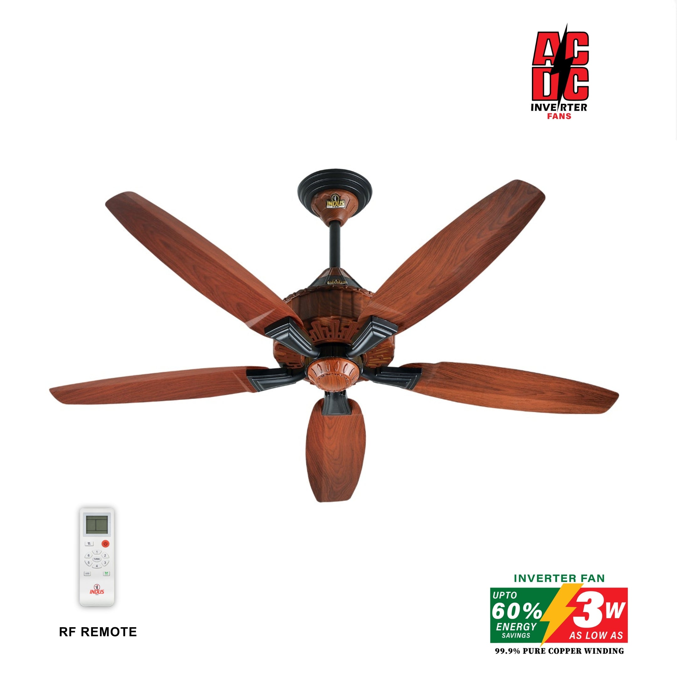 Ceiling fan with wooden blades and remote control on a white background, featuring ACDC Inverter Fans brand.