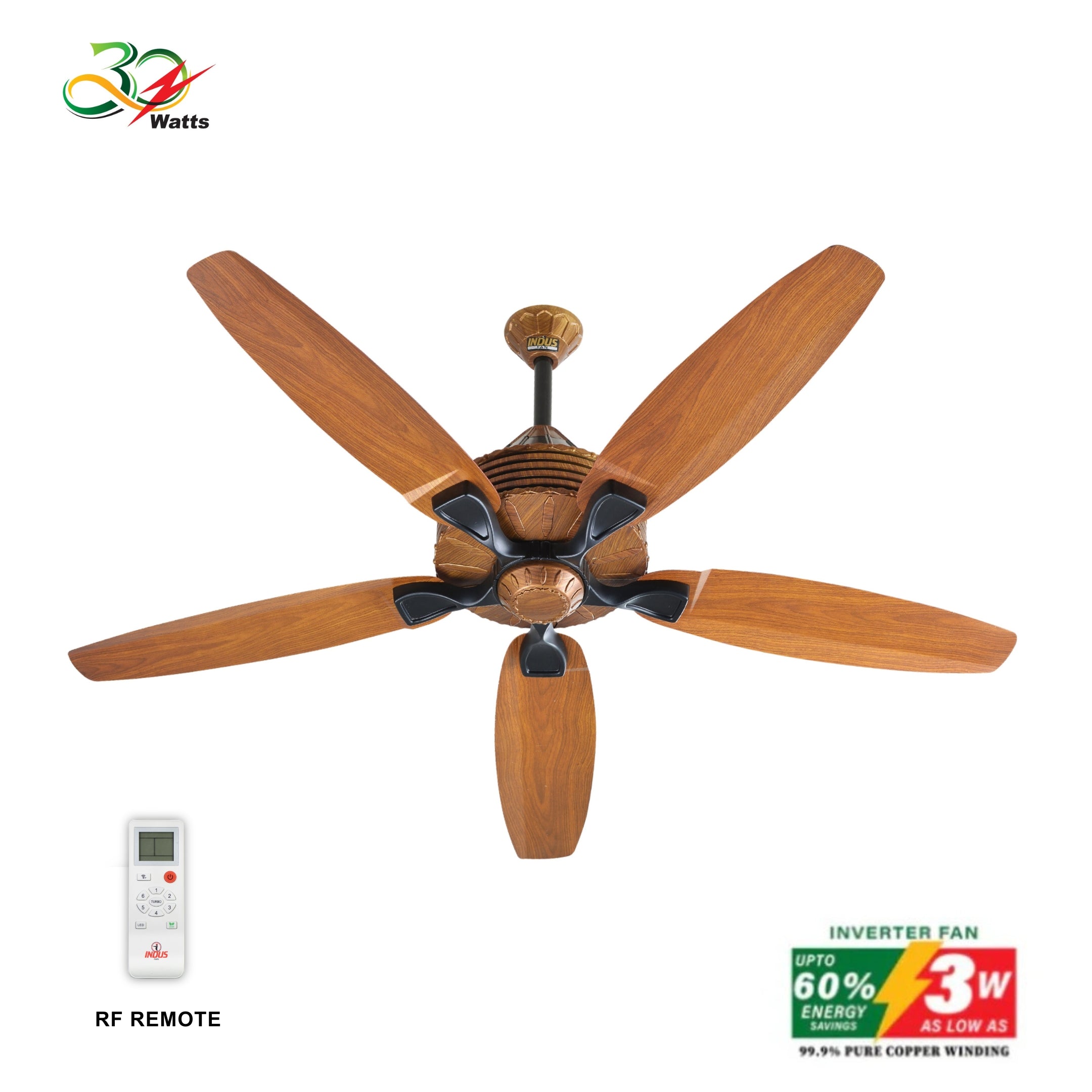 Ceiling fan with wooden blades and remote control on a white background